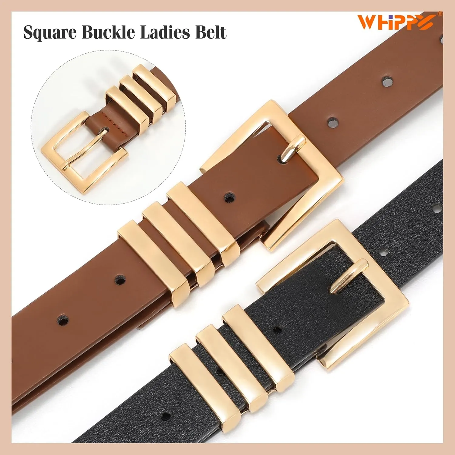 WHIPPY 2 Pack Women's Leather Belts Fashion Square Gold Buckle Ladies Belt for Jeans Pants Dress