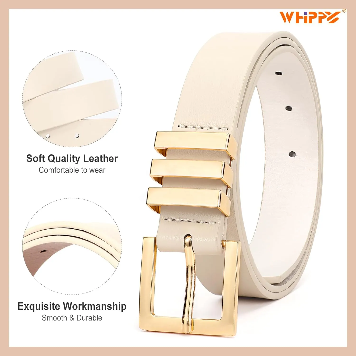 WHIPPY 2 Pack Women's Leather Belts Fashion Square Gold Buckle Ladies Belt for Jeans Pants Dress