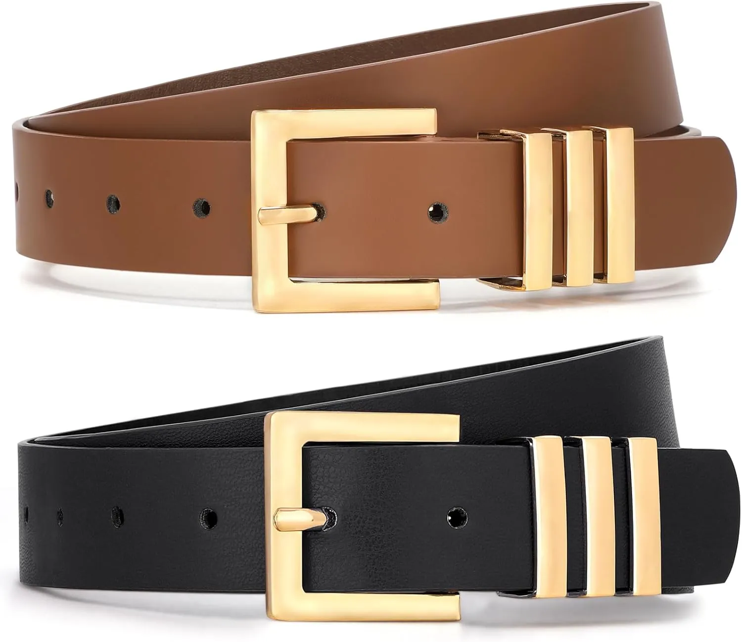 WHIPPY 2 Pack Women's Leather Belts Fashion Square Gold Buckle Ladies Belt for Jeans Pants Dress
