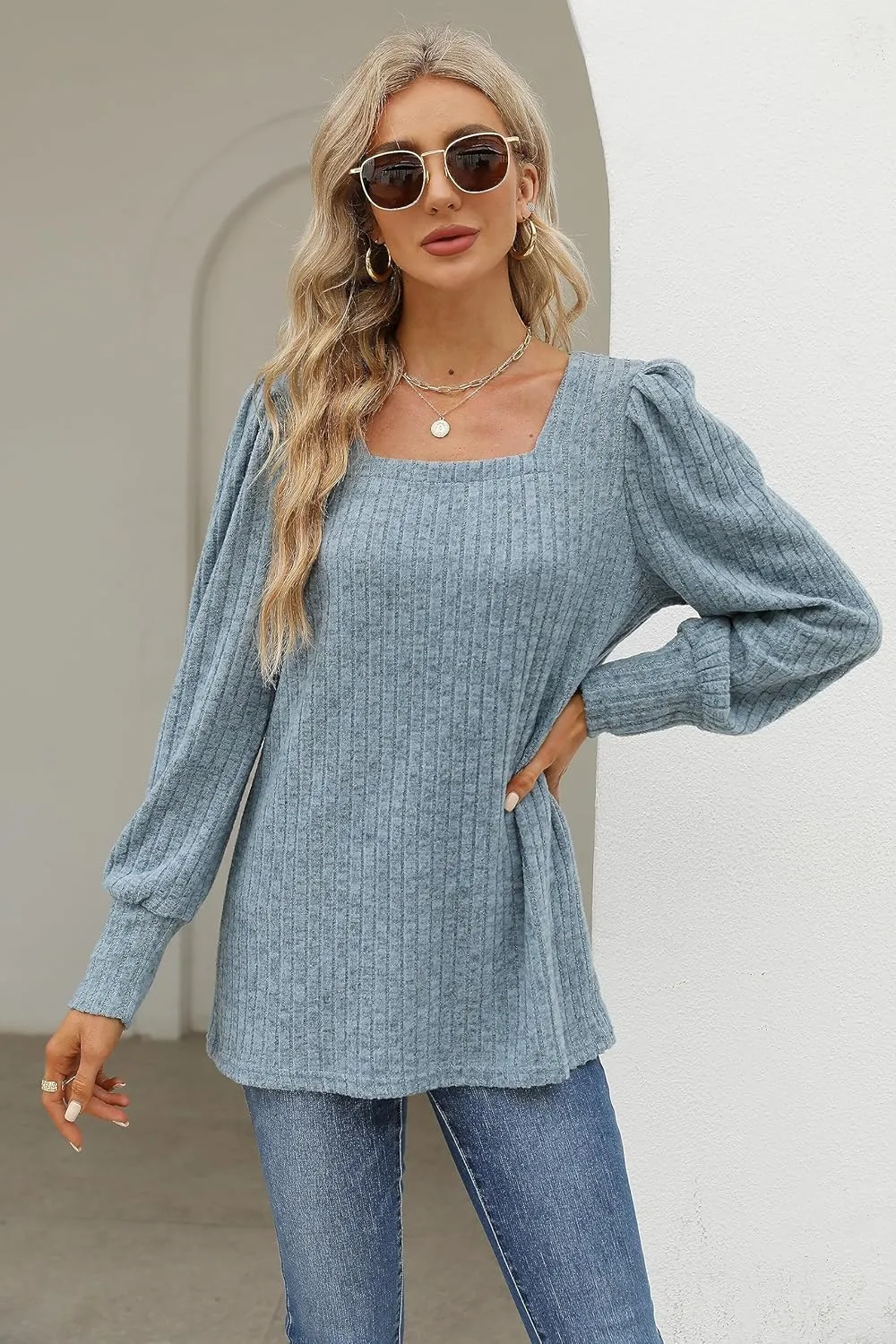 WIHOLL Long Sleeve Shirts for Women Trendy Casual Square Neck Tops Lightweight Sweaters