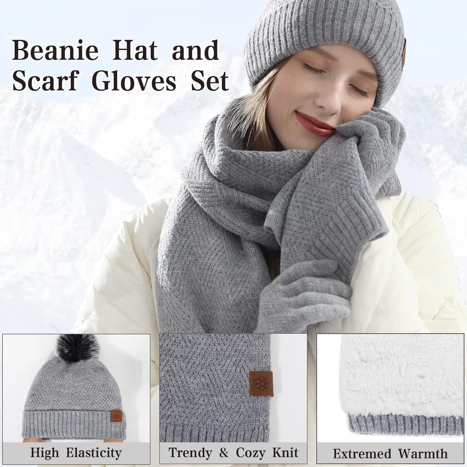 Winter Knitted Hat Scarf Touchscreen Gloves Set Soft Warm Beanie Scarves for Women Men