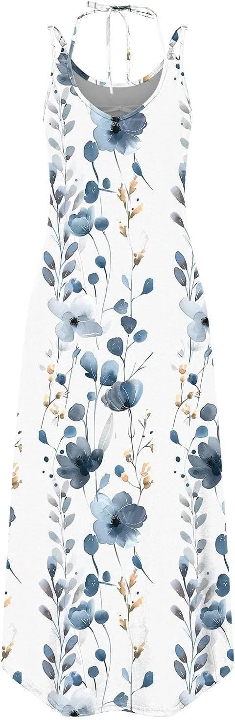 Women Casual Spaghetti Strap Sundress Floral Graphic Print Vacation Summer Maxi Dresses Loose Casual Outfit