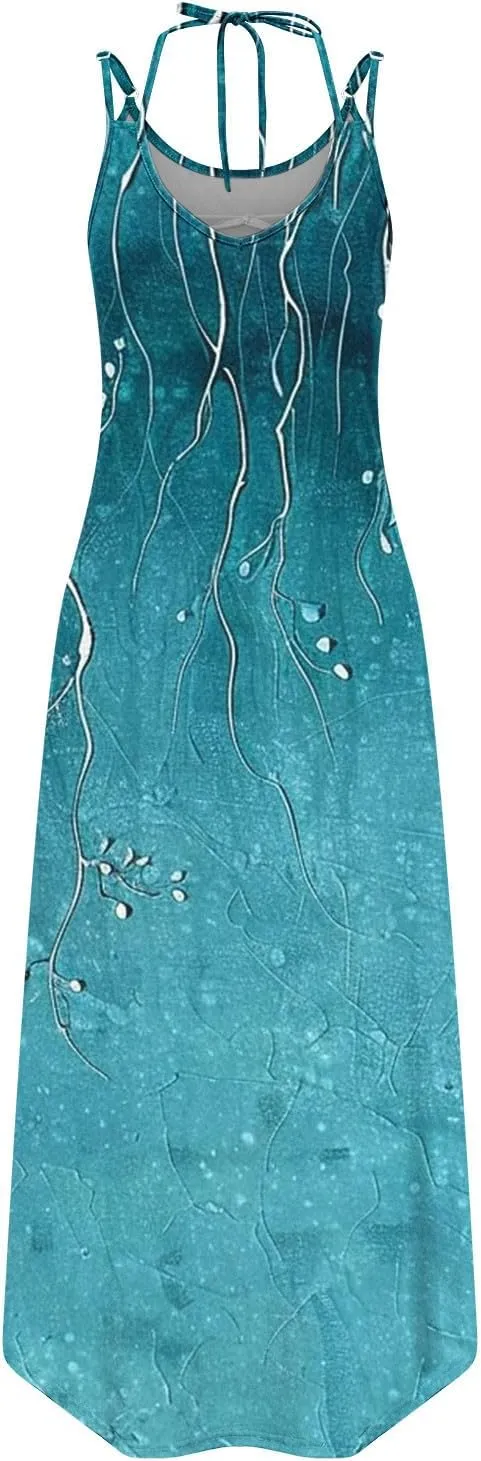 Women Casual Spaghetti Strap Sundress Floral Graphic Print Vacation Summer Maxi Dresses Loose Casual Outfit