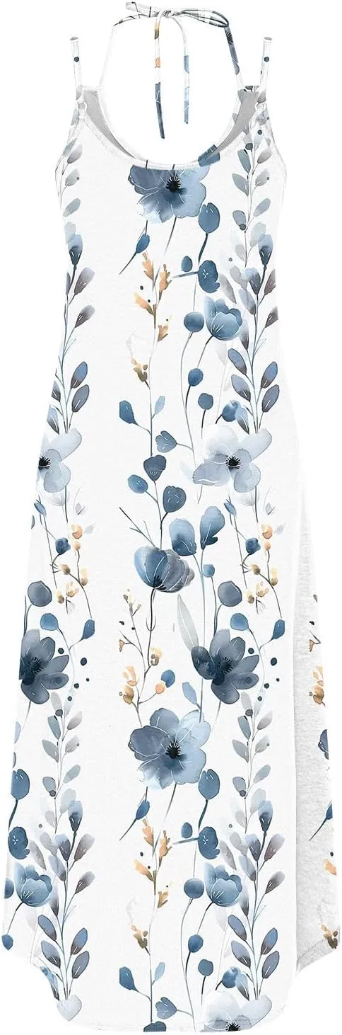 Women Casual Spaghetti Strap Sundress Floral Graphic Print Vacation Summer Maxi Dresses Loose Casual Outfit