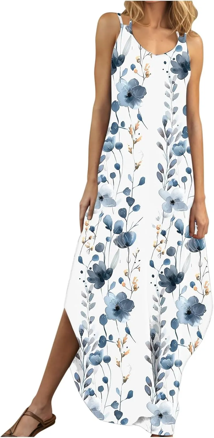 Women Casual Spaghetti Strap Sundress Floral Graphic Print Vacation Summer Maxi Dresses Loose Casual Outfit
