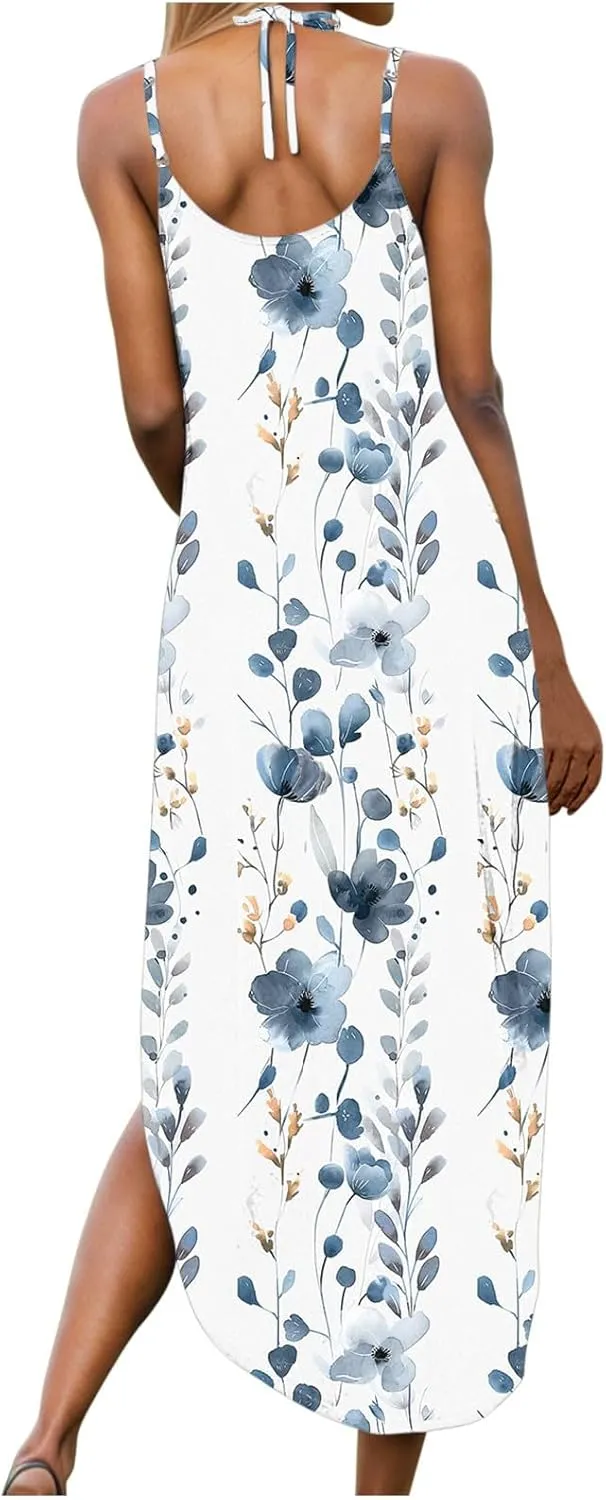 Women Casual Spaghetti Strap Sundress Floral Graphic Print Vacation Summer Maxi Dresses Loose Casual Outfit