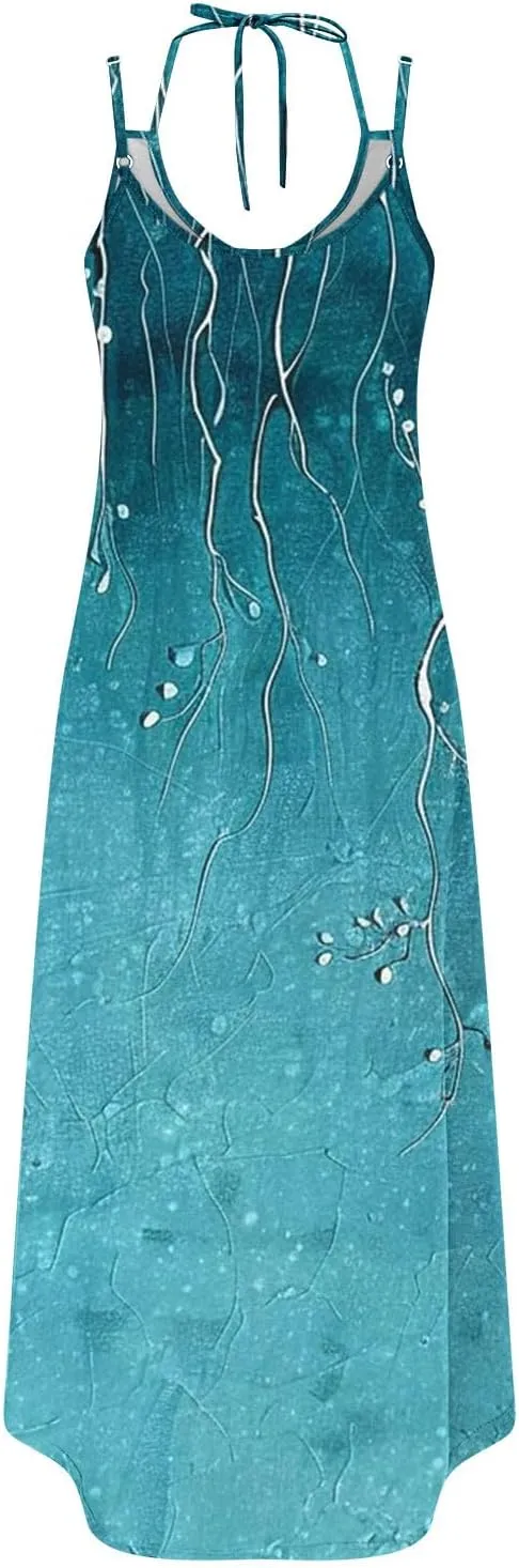 Women Casual Spaghetti Strap Sundress Floral Graphic Print Vacation Summer Maxi Dresses Loose Casual Outfit