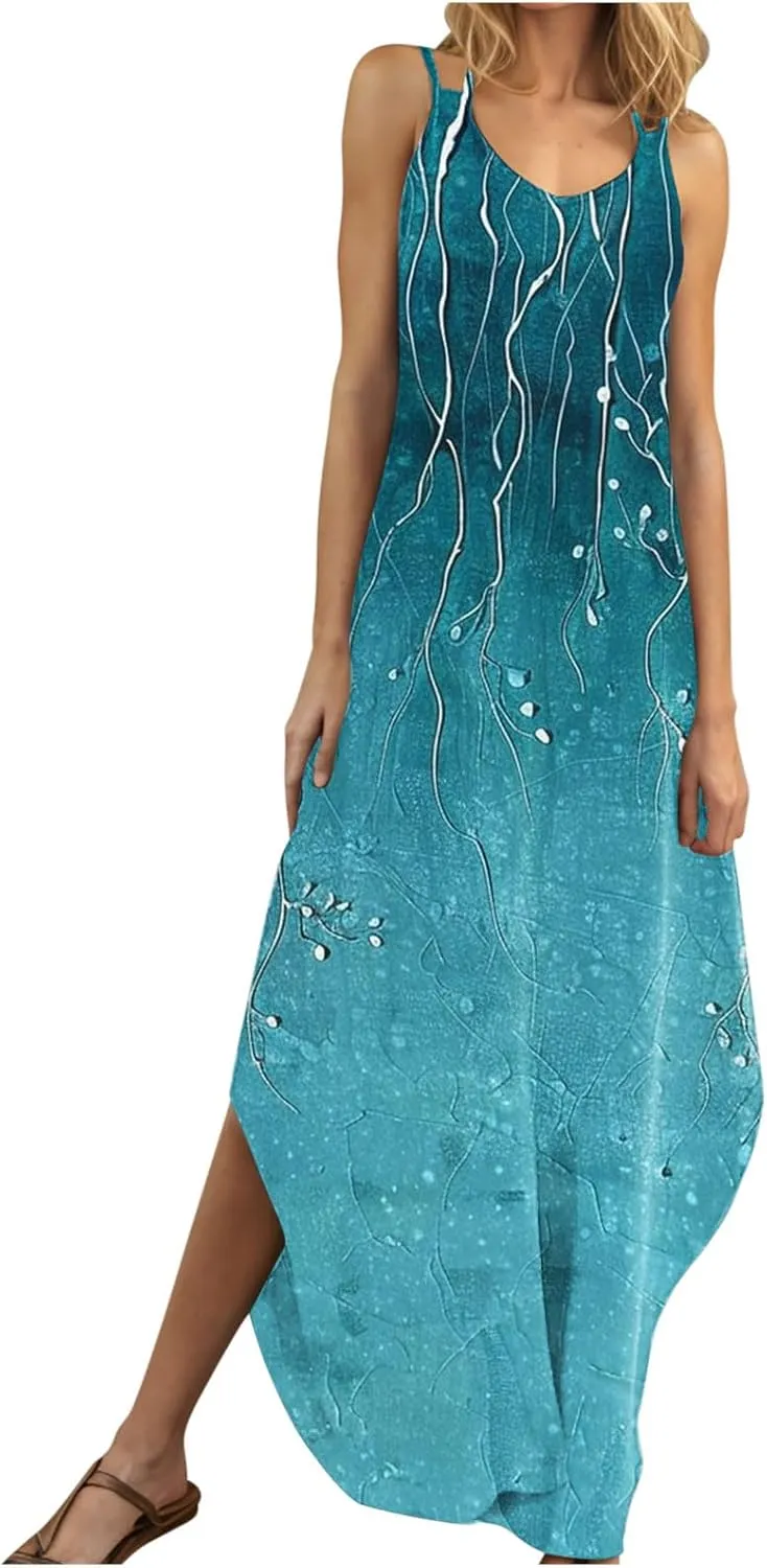 Women Casual Spaghetti Strap Sundress Floral Graphic Print Vacation Summer Maxi Dresses Loose Casual Outfit