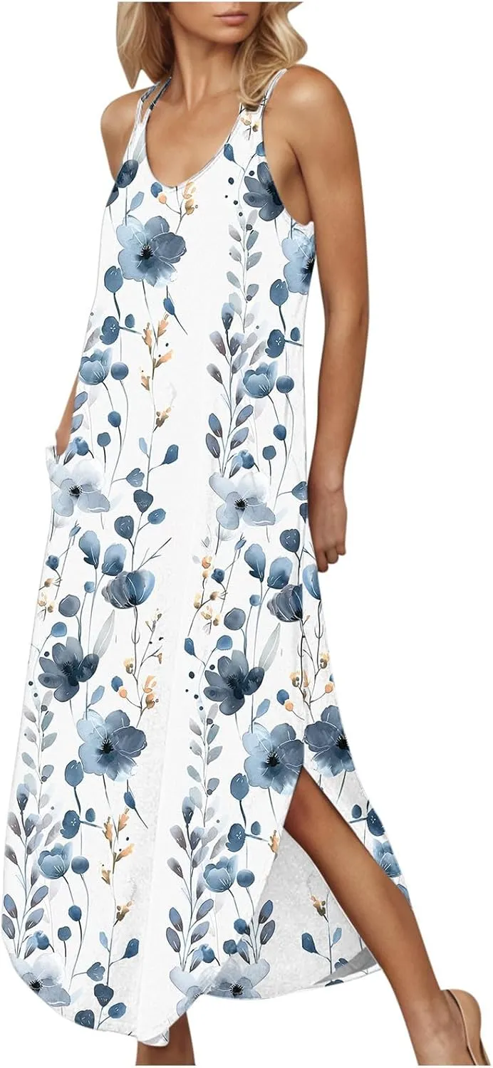 Women Casual Spaghetti Strap Sundress Floral Graphic Print Vacation Summer Maxi Dresses Loose Casual Outfit
