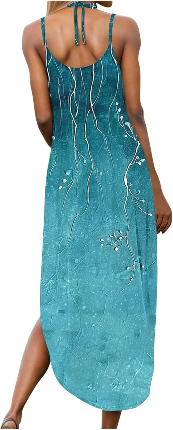 Women Casual Spaghetti Strap Sundress Floral Graphic Print Vacation Summer Maxi Dresses Loose Casual Outfit