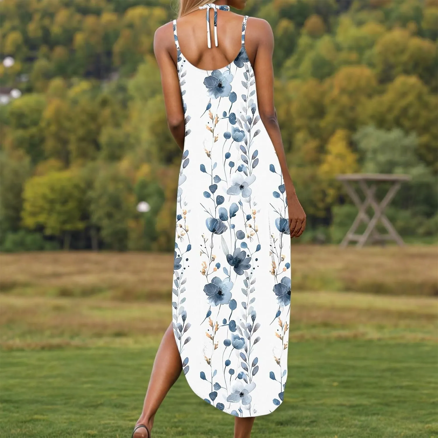 Women Casual Spaghetti Strap Sundress Floral Graphic Print Vacation Summer Maxi Dresses Loose Casual Outfit