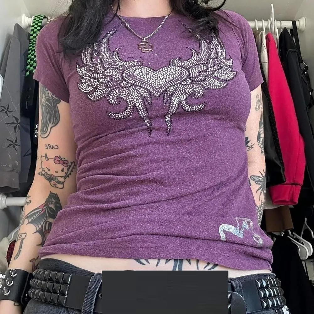 Women Grunge Graphic Short Sleeve Tees Y2k Gothic Crew Neck T Shirts Vintage Aesthetic Emo Top 90s E-Girls Clothes