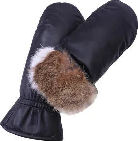 Women Leather Mittens Finger Rabbit fur Lining Winter Sheepskin Soft and Warm