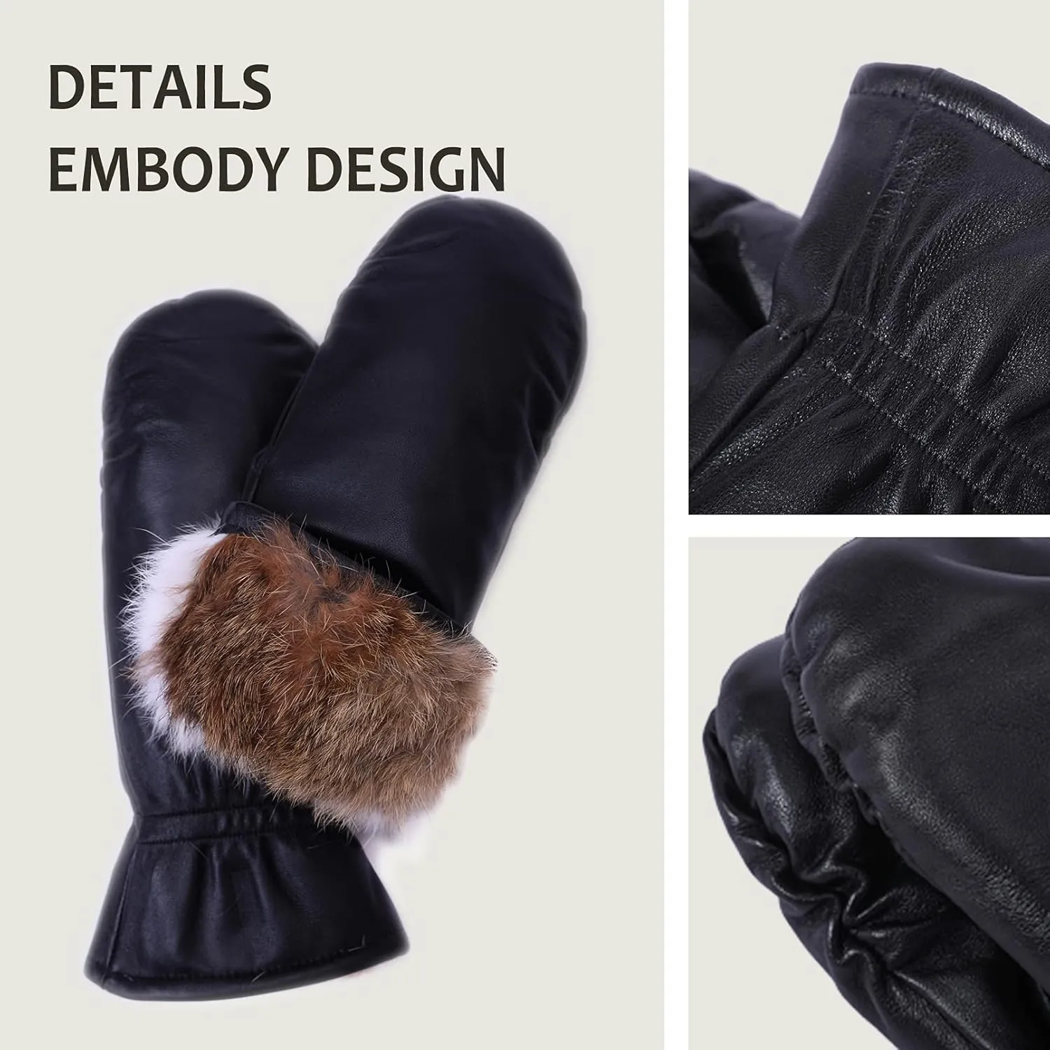 Women Leather Mittens Finger Rabbit fur Lining Winter Sheepskin Soft and Warm