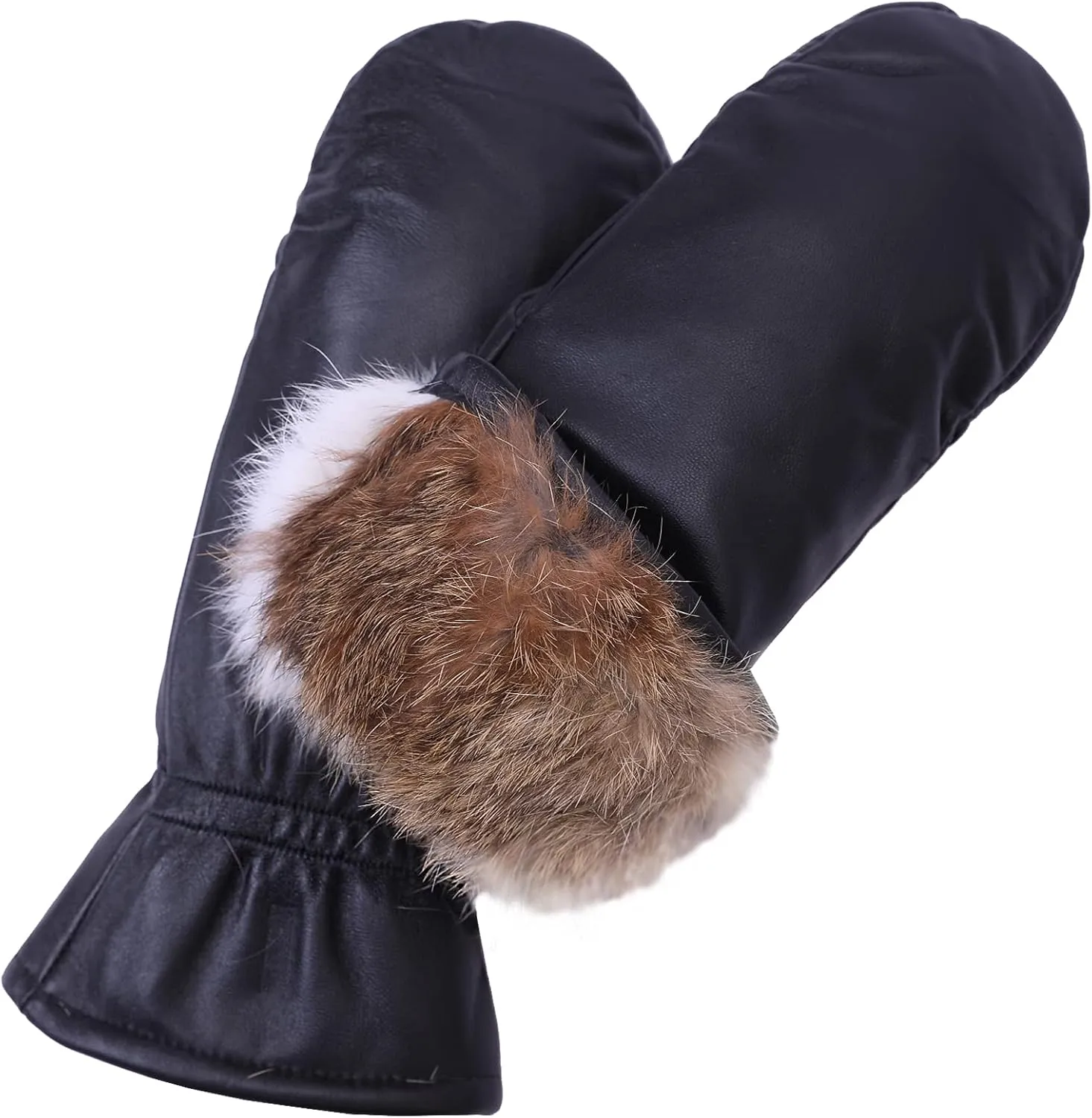 Women Leather Mittens Finger Rabbit fur Lining Winter Sheepskin Soft and Warm