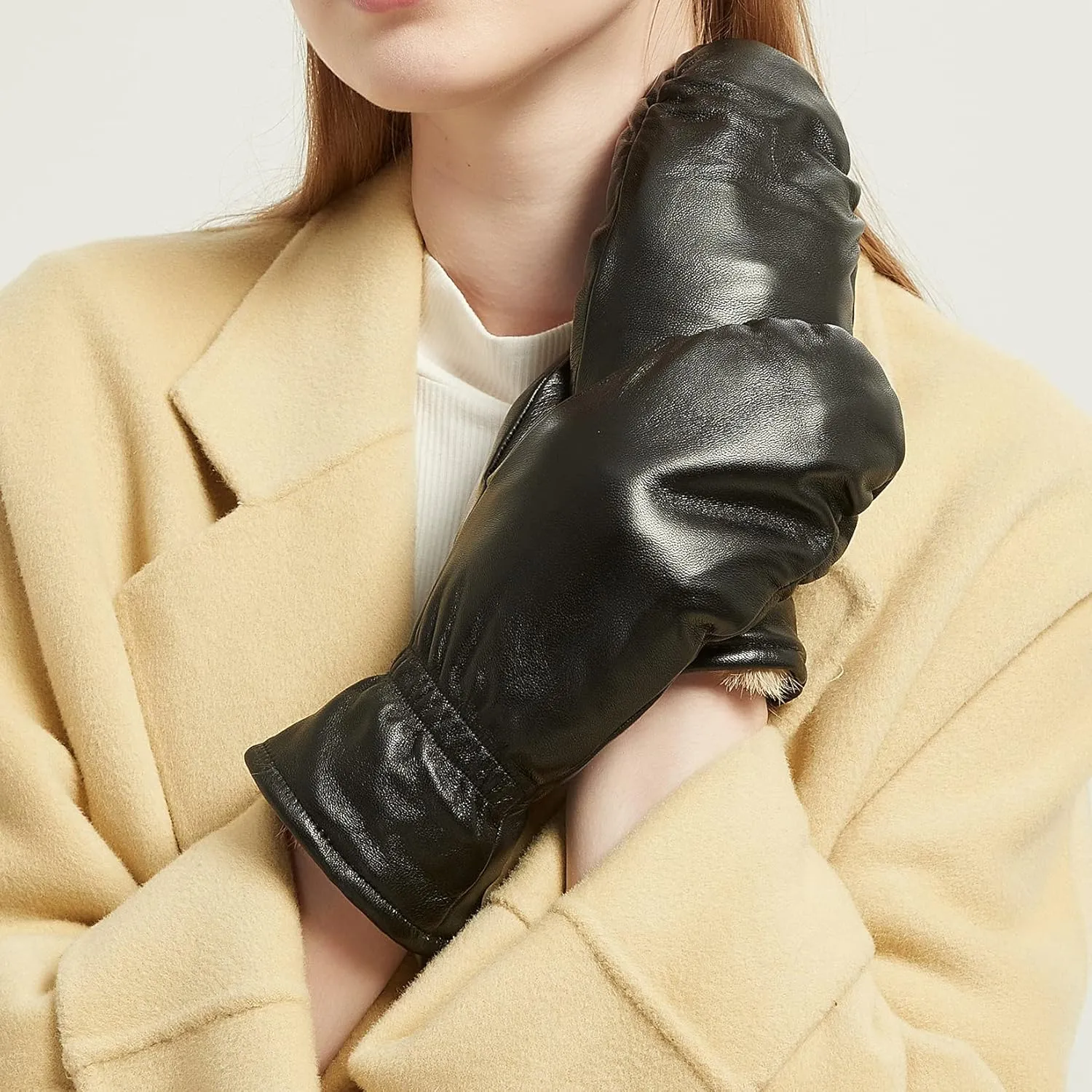 Women Leather Mittens Finger Rabbit fur Lining Winter Sheepskin Soft and Warm