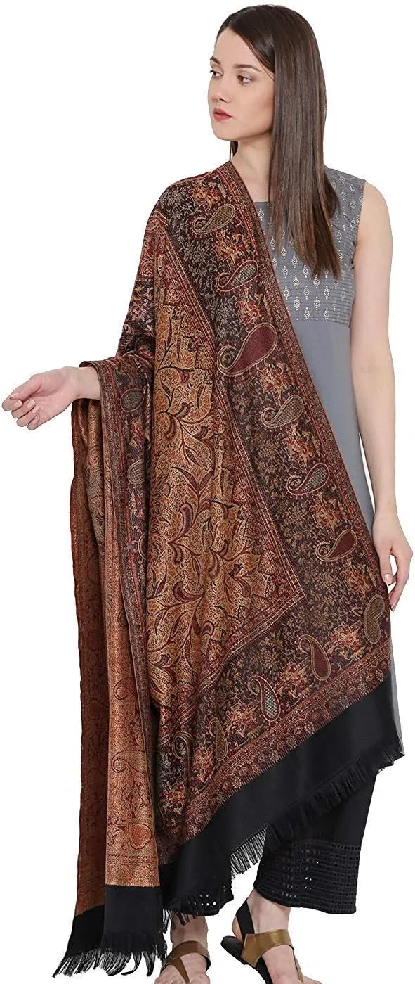 Women's Pashmina Wool Blend Indian Handicraft Woven Shawls, Scarf, Wraps [Large Size: 40" X 80"]